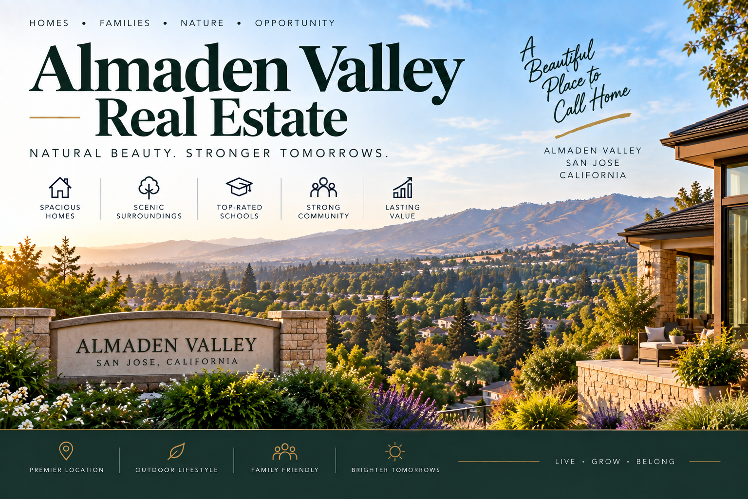 Almaden Valley real estate banner featuring scenic San Jose hills, spacious suburban homes, lush landscaping, and an Almaden Valley sign, highlighting natural surroundings, schools, community, location, and lasting value.