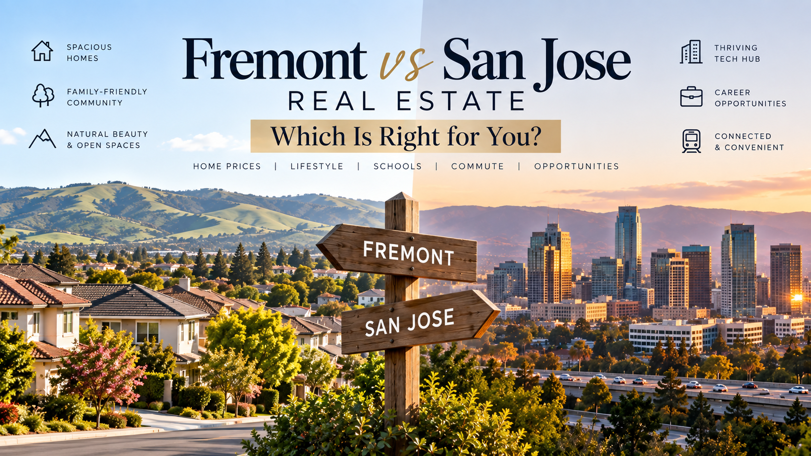 Fremont vs. San Jose real estate comparison, featuring contrasting suburban and city landscapes with a signpost pointing to Fremont and San Jose.